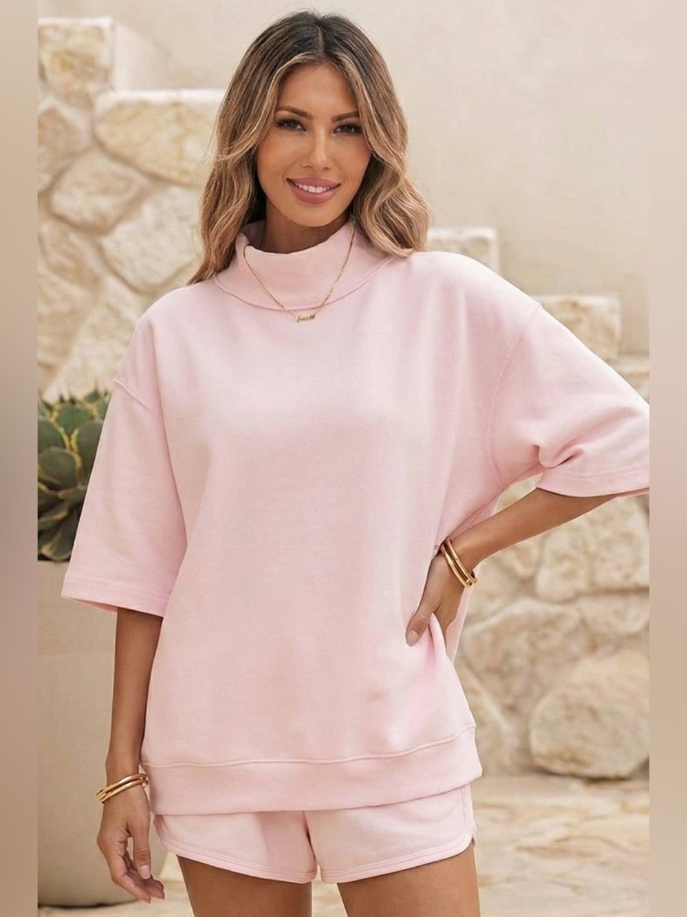 LDC Light Pink Solid Seam Mock Neck Oversize Tee Shorts 2pcs Outfit